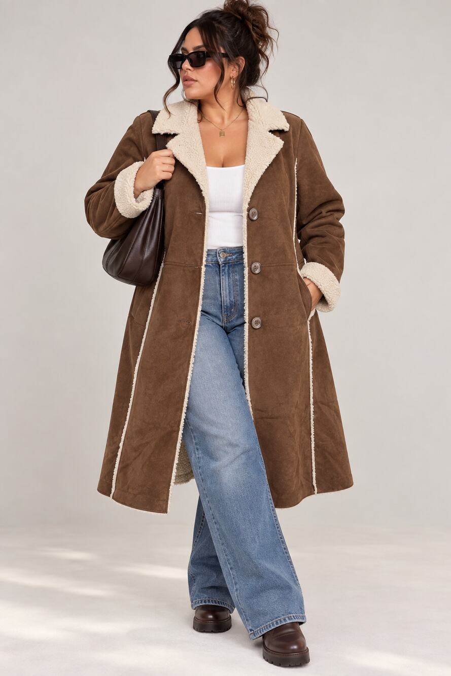 Old Navy XXL Brown Faux Suede Sherpa Long Coat Y2K 2000s Shearling Style